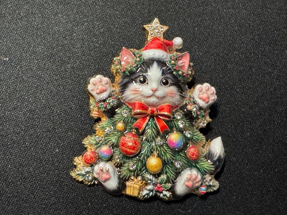 Cat Christmas Brooch, Black & White Cat Wearing Santa Hat